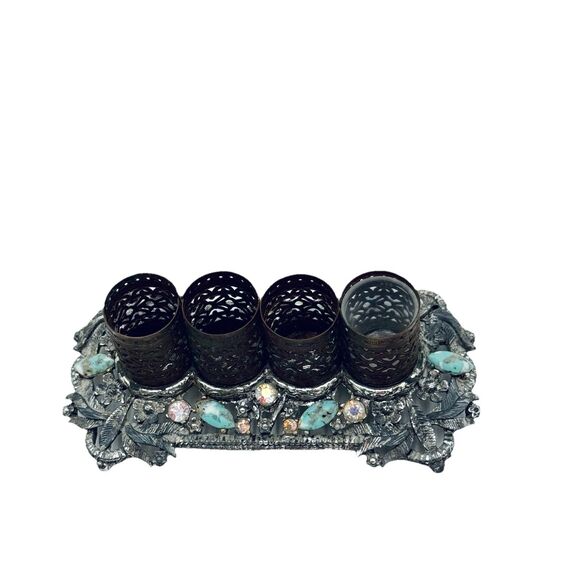Vintage Sam Fink Jewel Rhinestone & Stone Vanity 4 Lipstick Holder Caddy - Picture 2 of 11